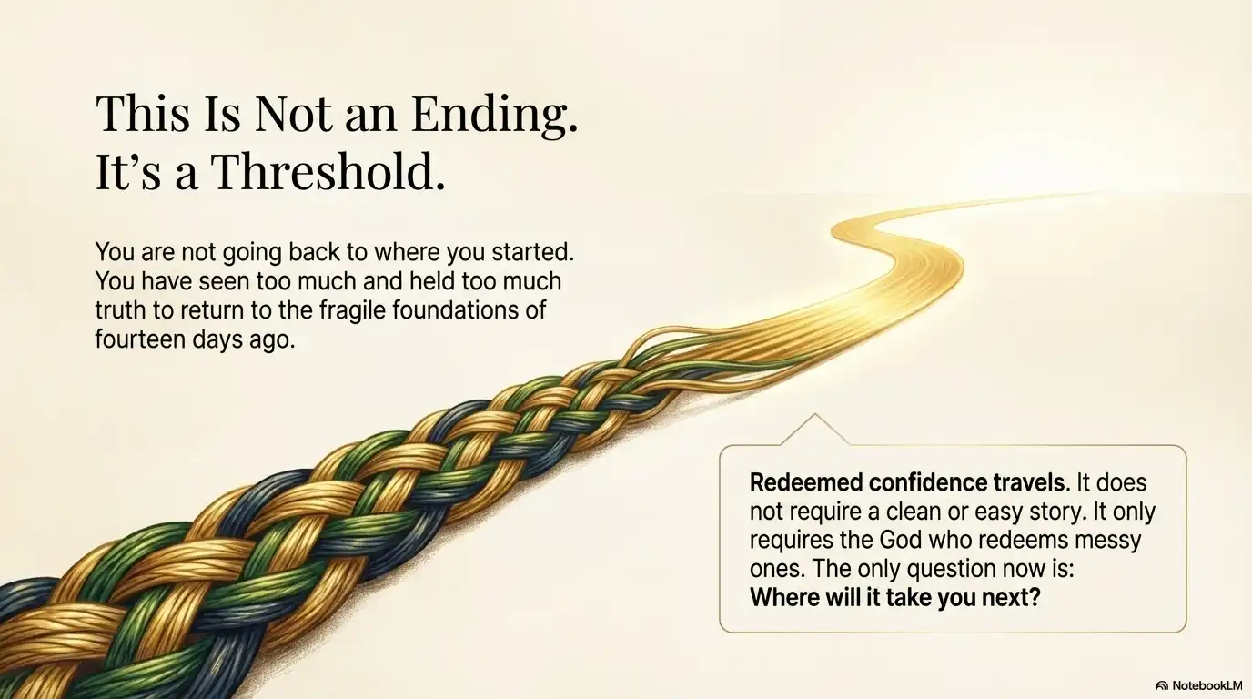 This Is Not an Ending It’s a Threshold motivational graphic with a woven path leading forward into redeemed confidence.