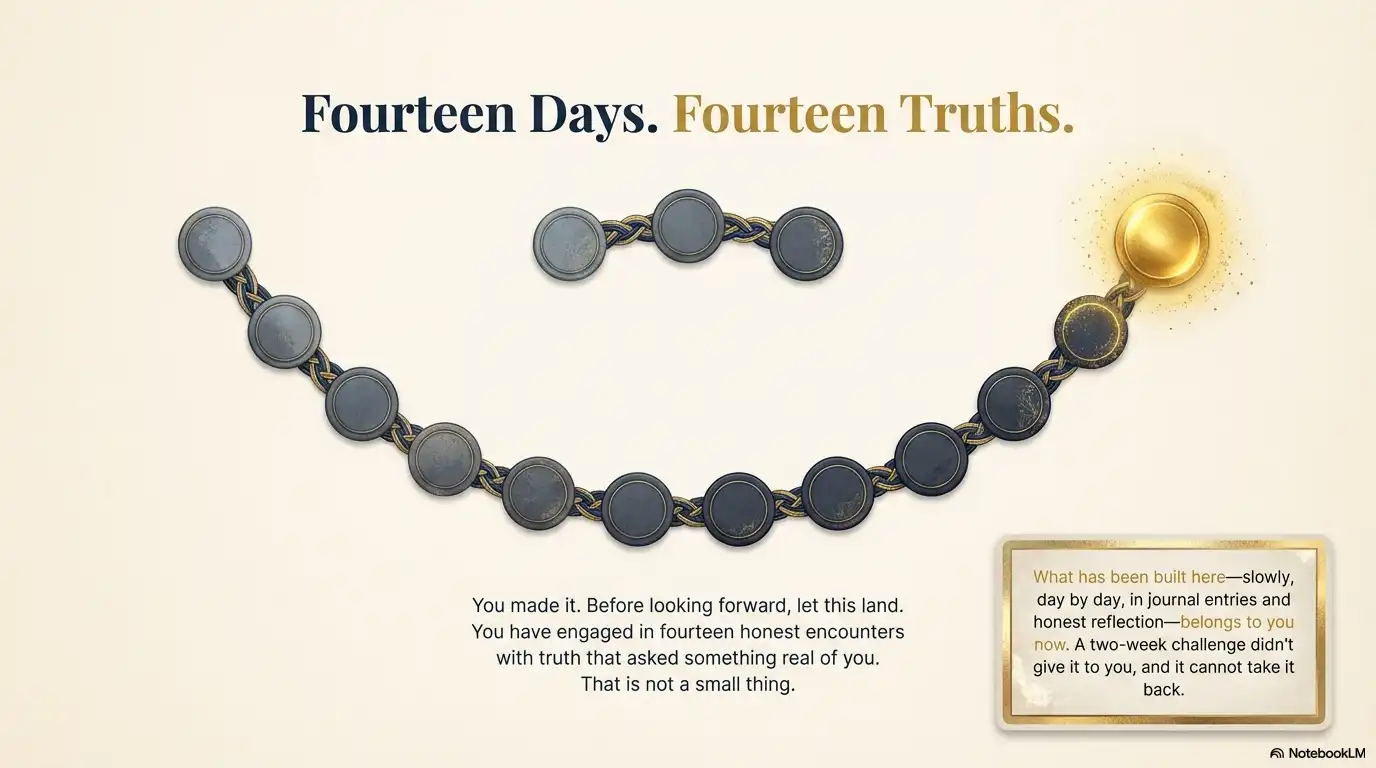 Fourteen days fourteen truths motivational graphic with a chain of progress ending in a glowing gold finish.