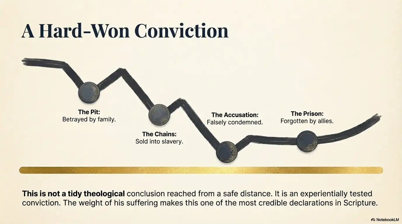 A hard won conviction motivational graphic showing the path through betrayal, slavery, accusation, and prison.A hard won conviction motivational graphic showing the path through betrayal, slavery, accusation, and prison.