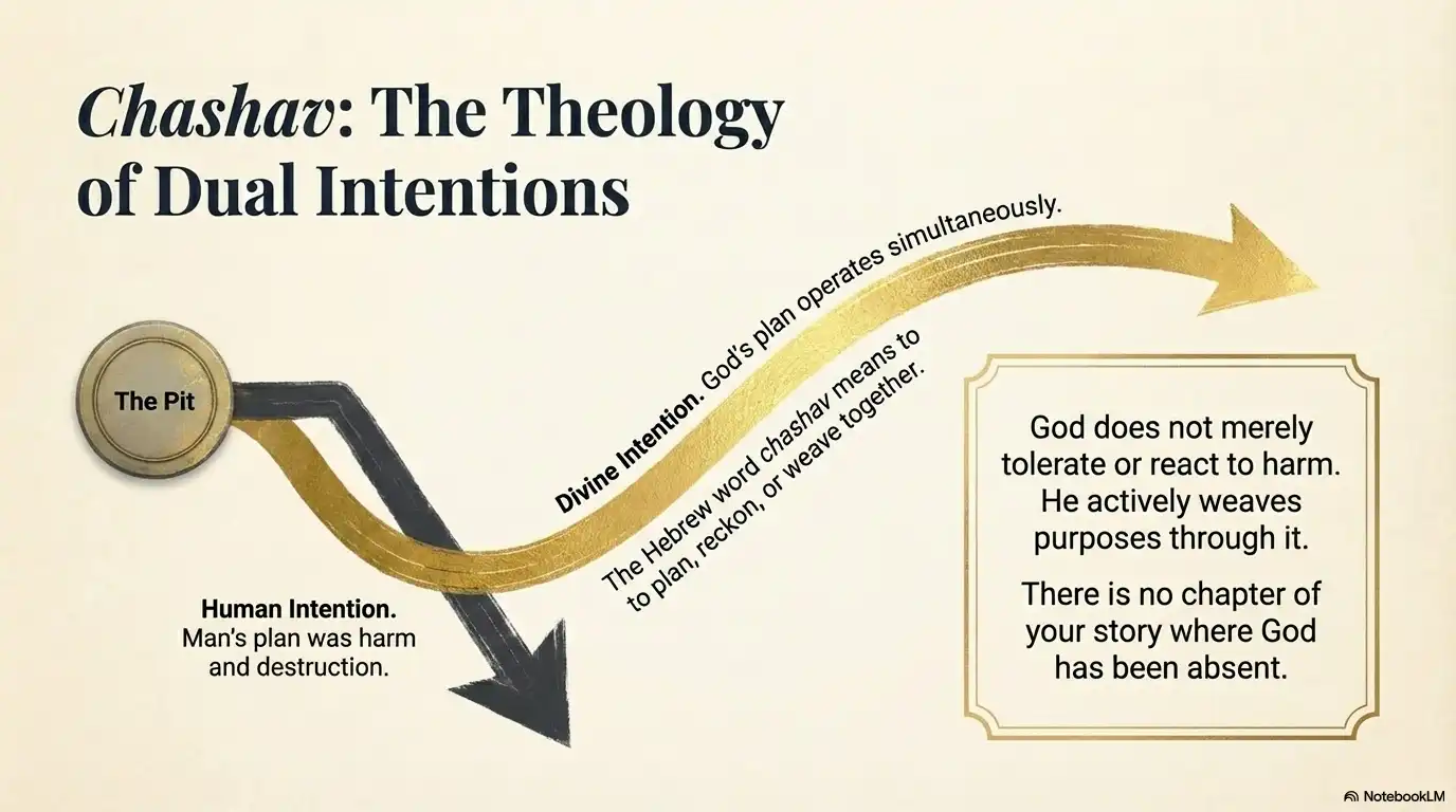 Chashav the theology of dual intentions motivational graphic showing human harm and divine purpose working simultaneously.
