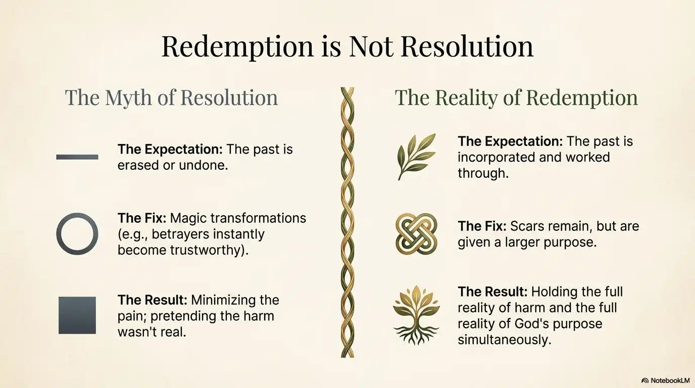 Redemption is not resolution motivational faith graphic comparing the myth of resolution with the reality of redemption.