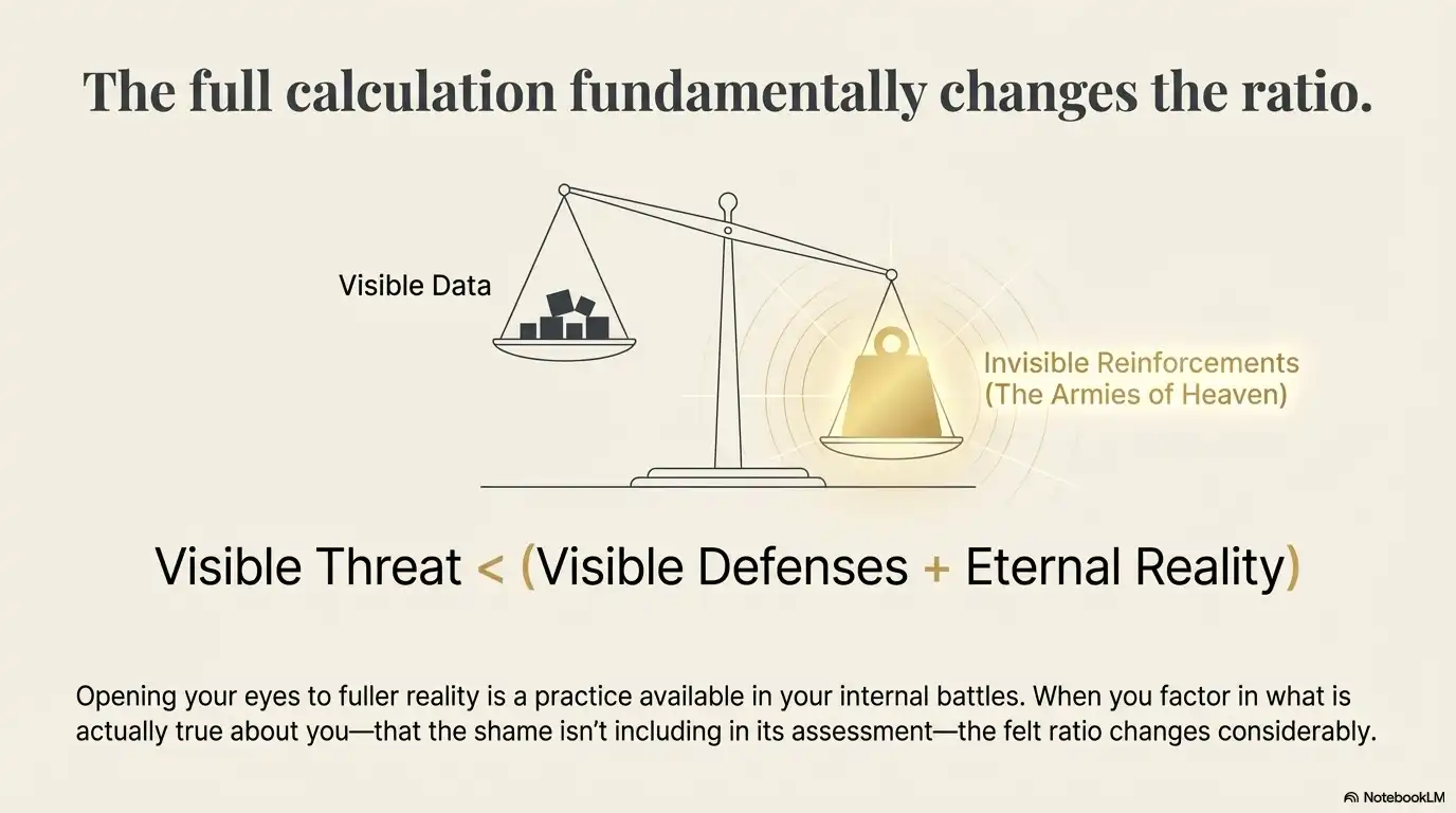 Motivational faith graphic about how full reality changes the ratio of visible threat versus invisible reinforcement.