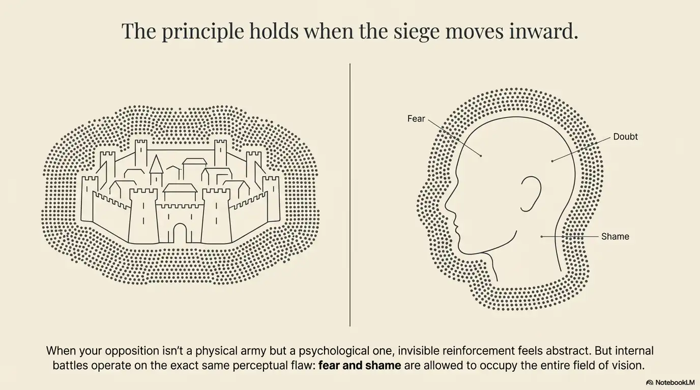 Motivational faith graphic about holding to principle when the siege moves inward through fear, doubt, and shame.