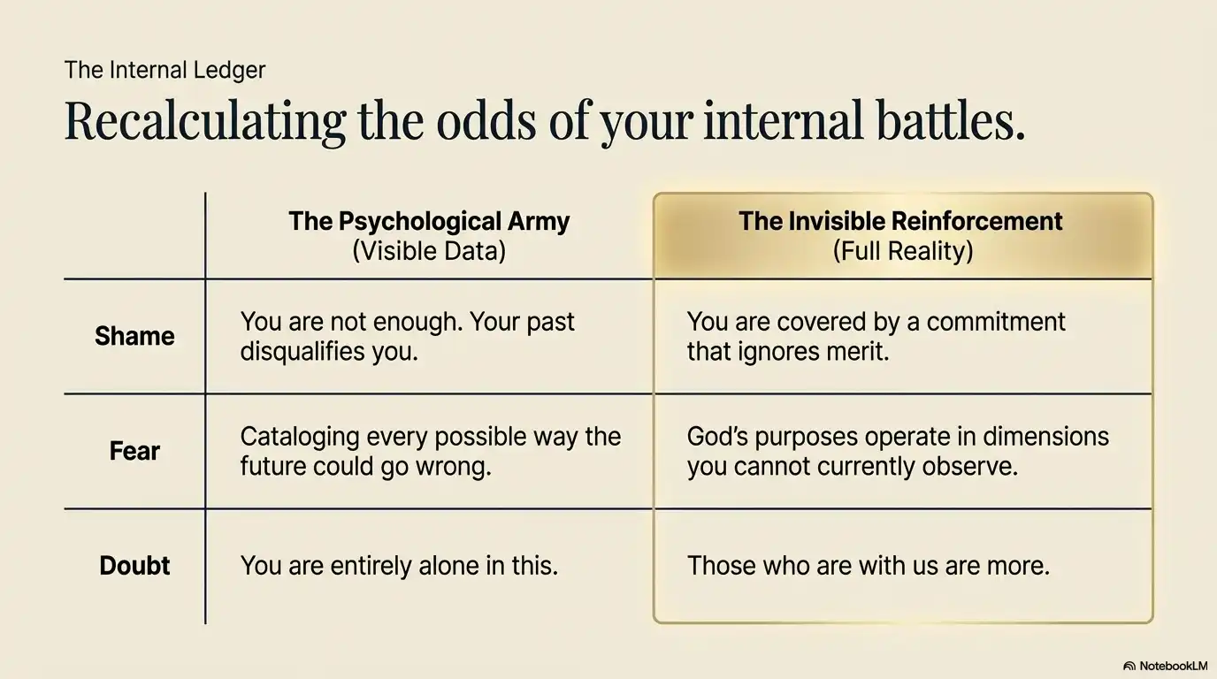 Motivational faith graphic about recalculating the odds of internal battles with invisible reinforcement.