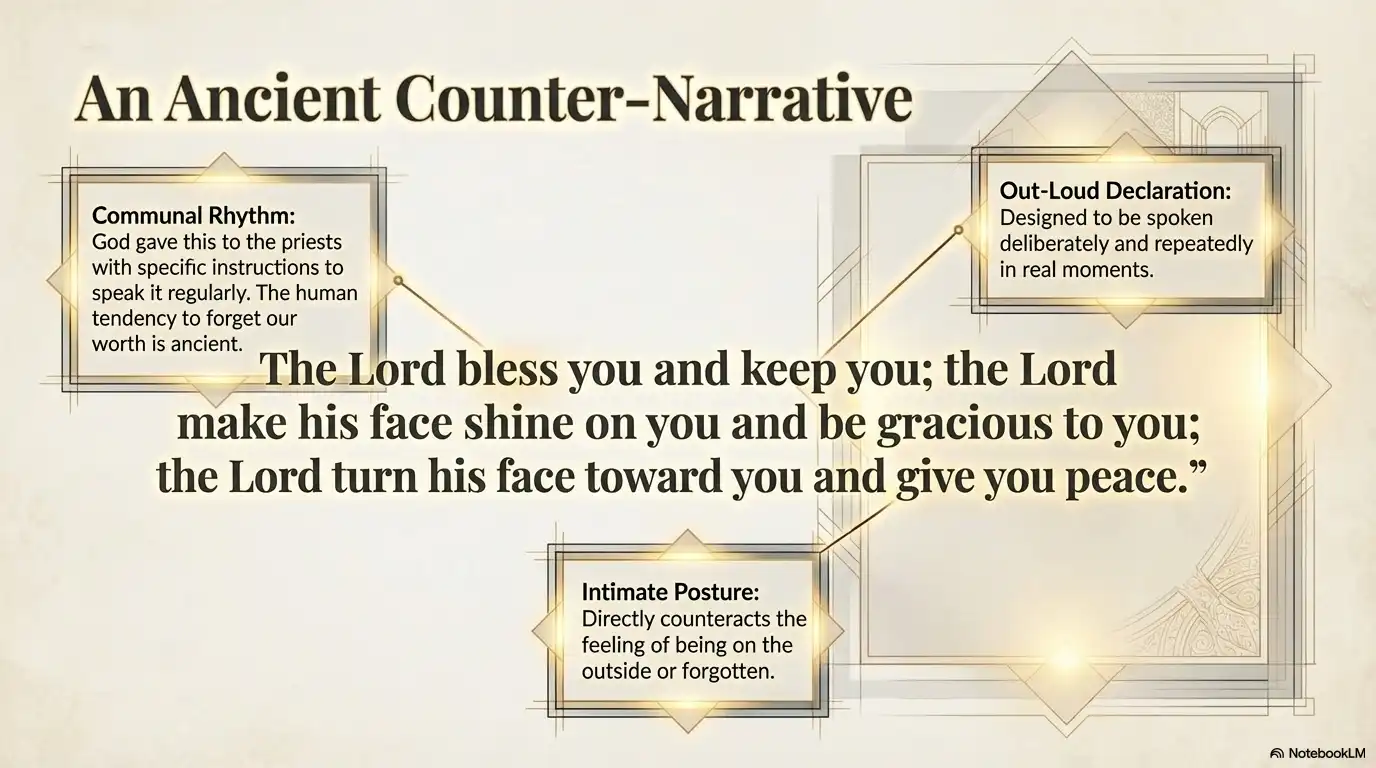 Motivational faith graphic about an ancient counter-narrative of blessing, belonging, and peace.
