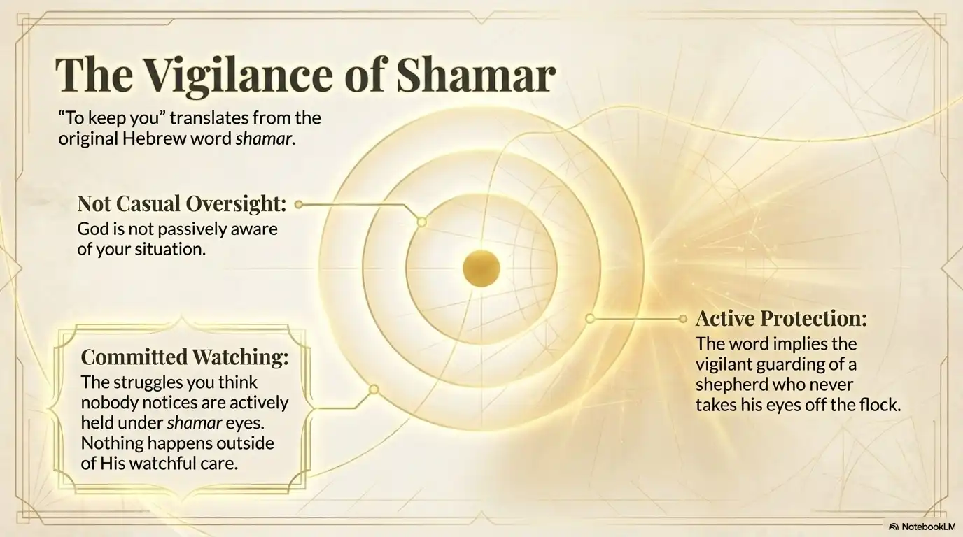 Motivational faith graphic about shamar, vigilant protection, and God’s active care.