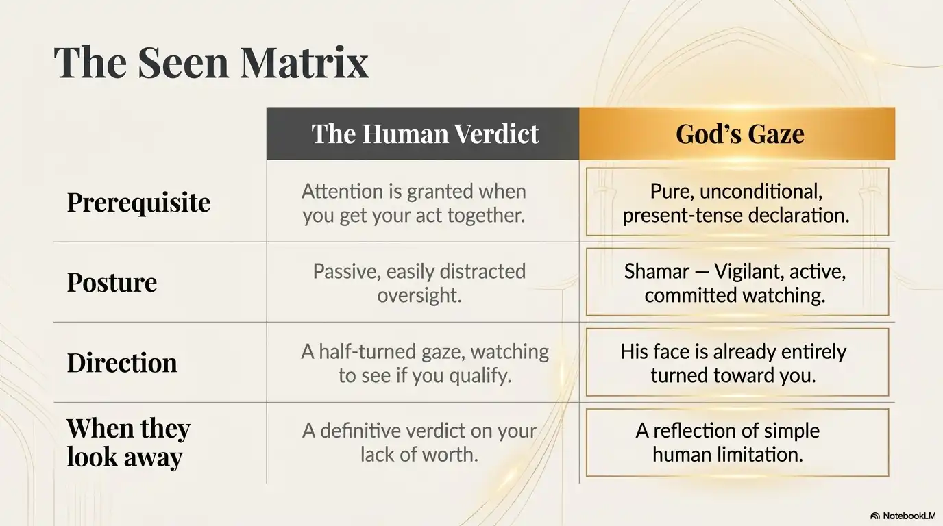Motivational faith graphic comparing human judgment with God’s gaze, highlighting unconditional attention and worth.