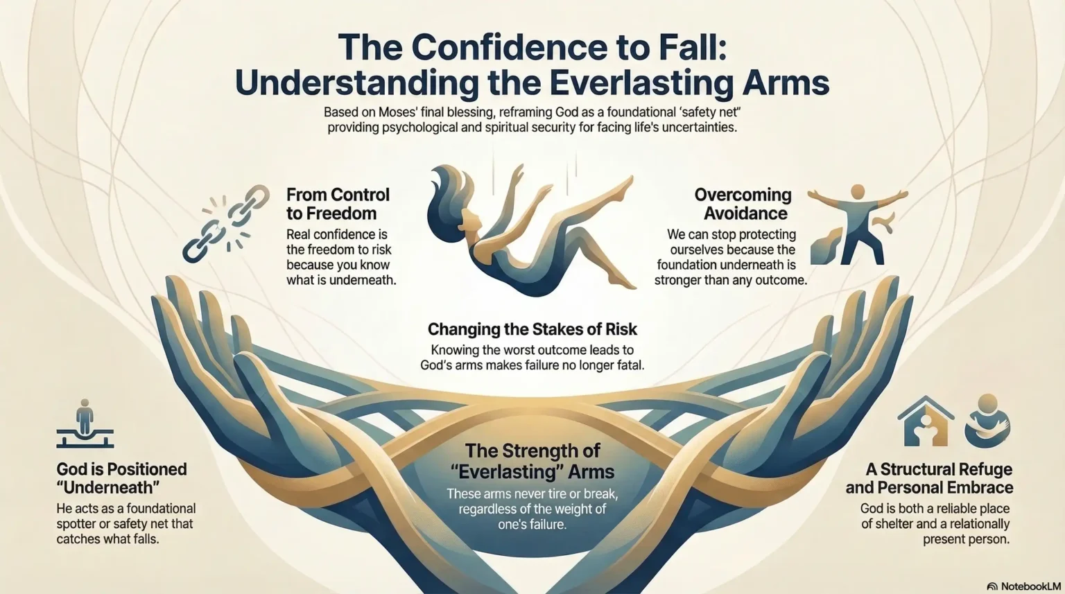Motivational faith graphic about everlasting arms, safety, and the confidence to take risks.