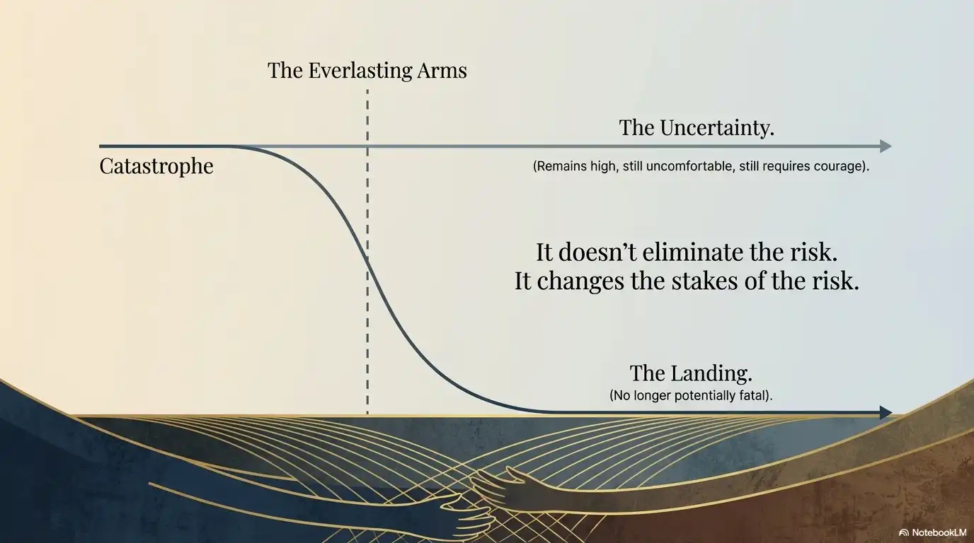 Motivational faith graphic showing how everlasting arms change the stakes of risk and provide a safe landing.