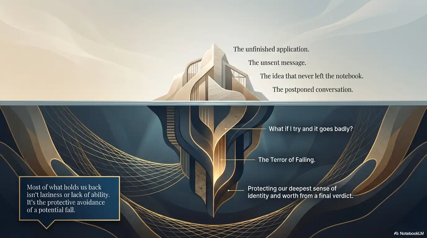 Motivational personal development graphic about fear of falling, avoidance, and identity protection.