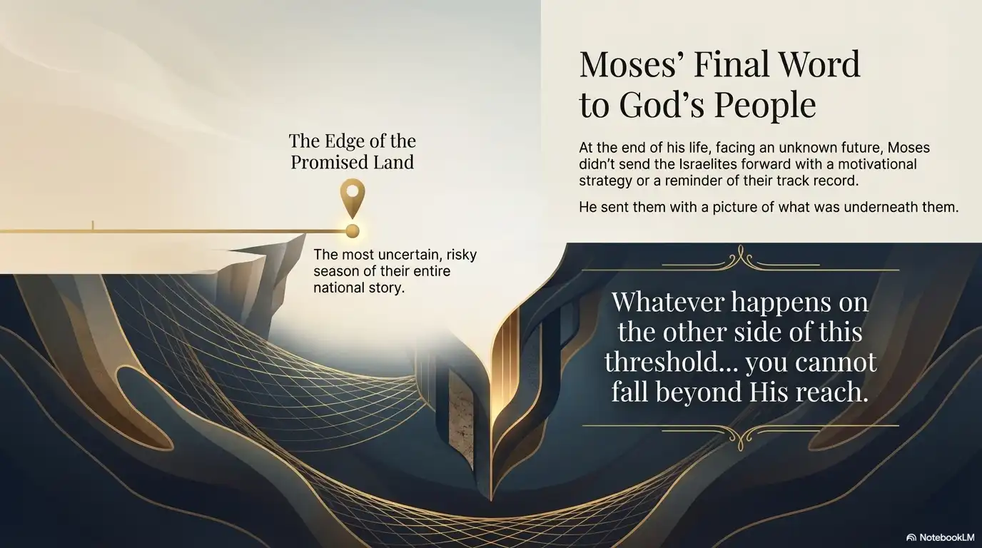 Motivational faith graphic about Moses’ final word, the promised land, and God’s unbroken reach.