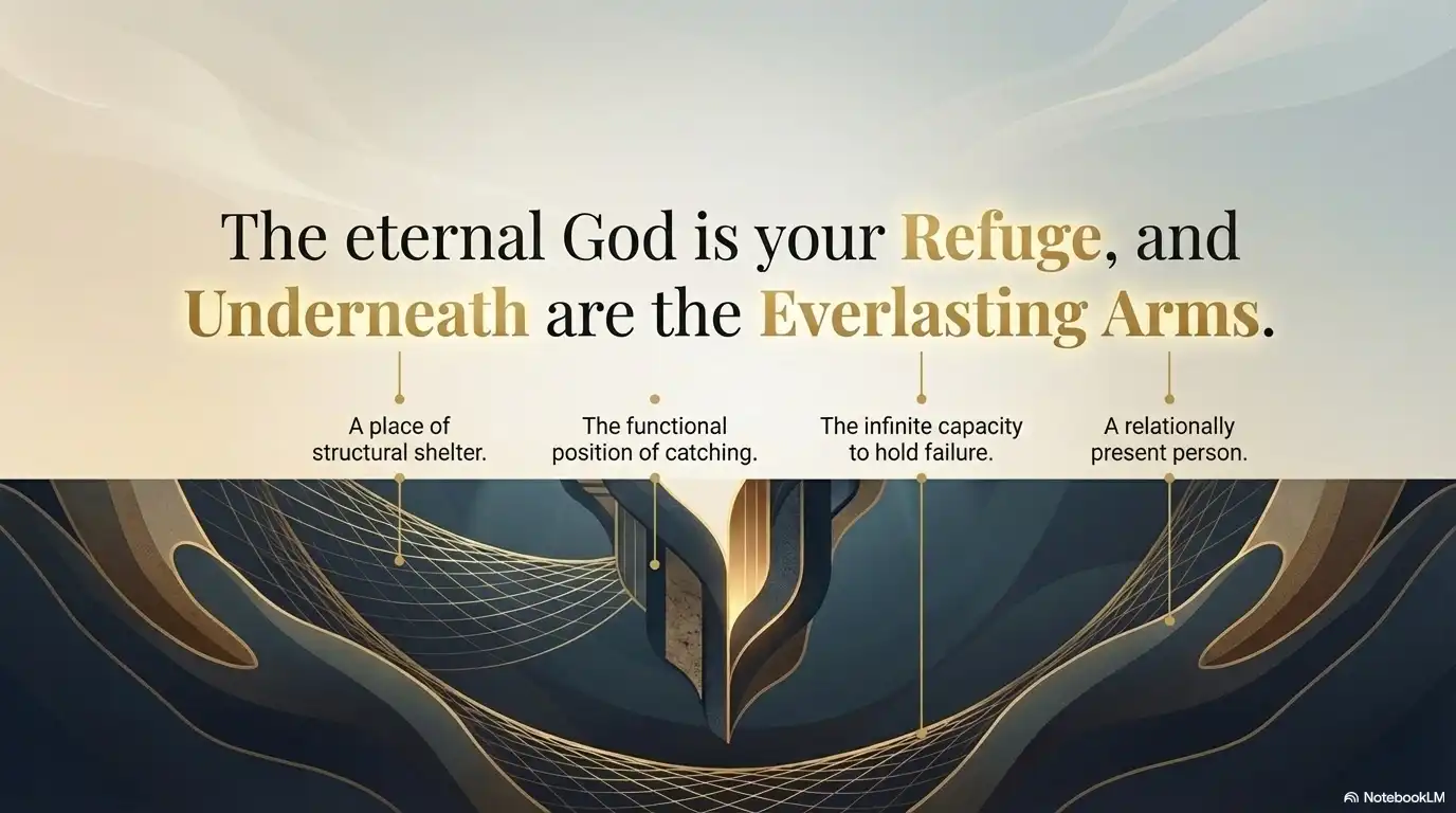 Motivational faith graphic about God as refuge and the everlasting arms underneath.