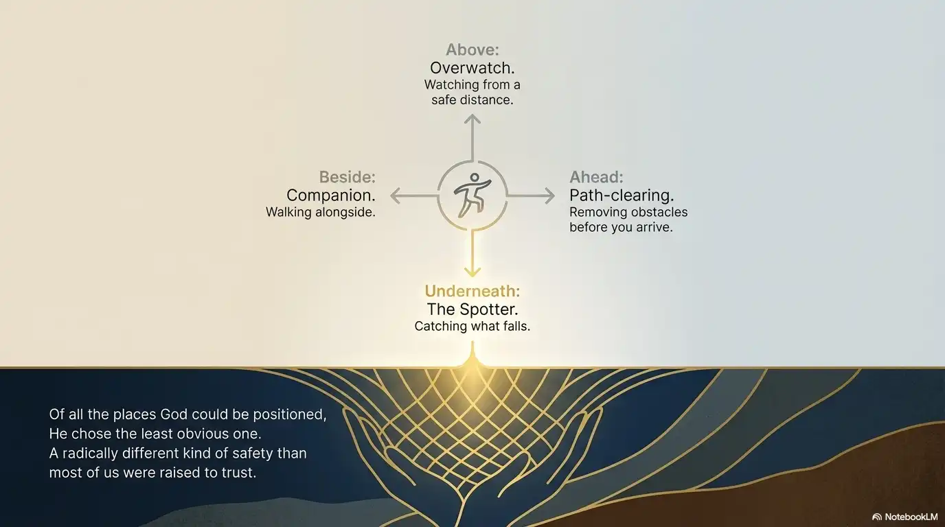 Motivational faith graphic about God’s protective positioning as over-watch, companion, path-clearing, and spotter.