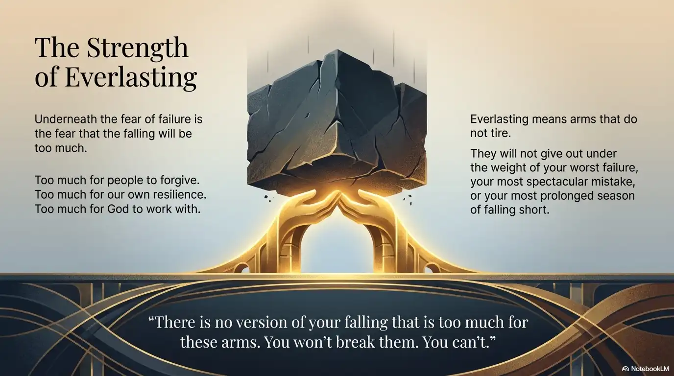 Motivational faith graphic about everlasting arms, failure, resilience, and support that does not tire.