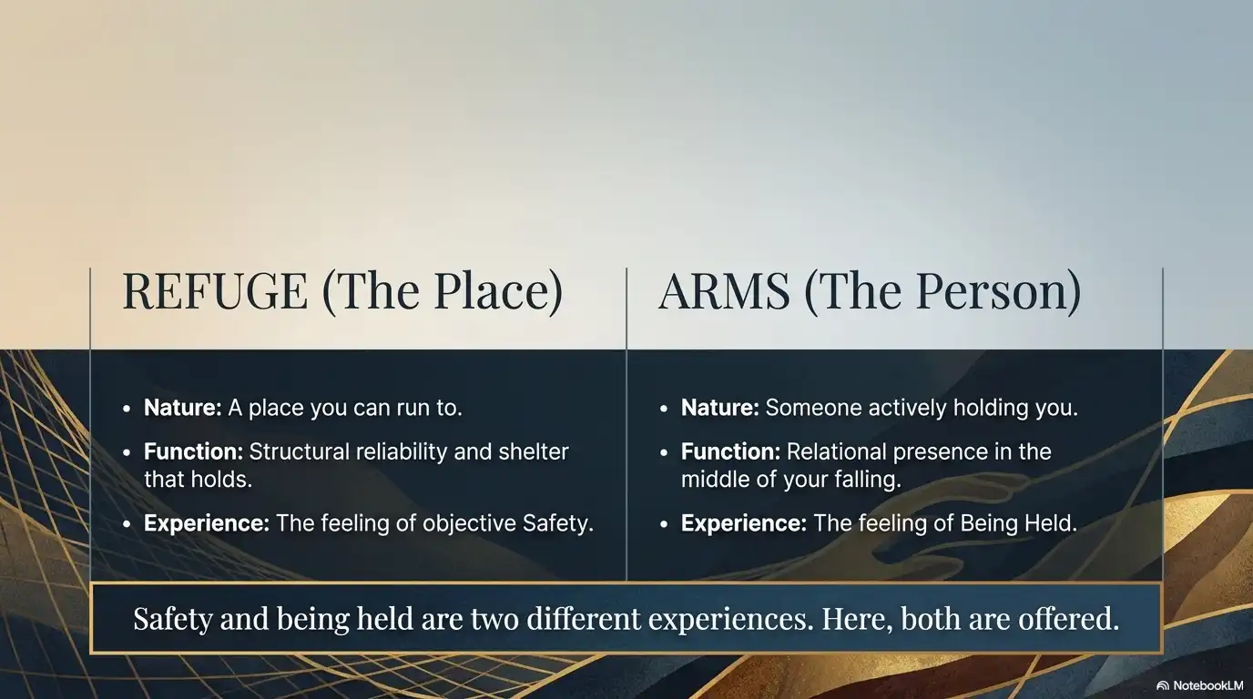 Motivational faith graphic comparing refuge as a place and arms as a person, highlighting safety and being held.