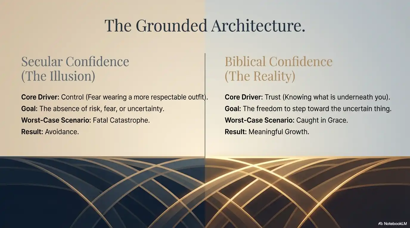 Motivational faith graphic comparing secular confidence with biblical confidence and trust.