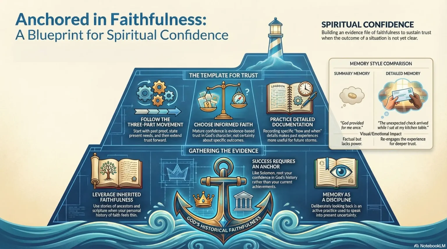 Motivational faith infographic about anchoring confidence in faithfulness, documenting trust, and building spiritual confidence.
