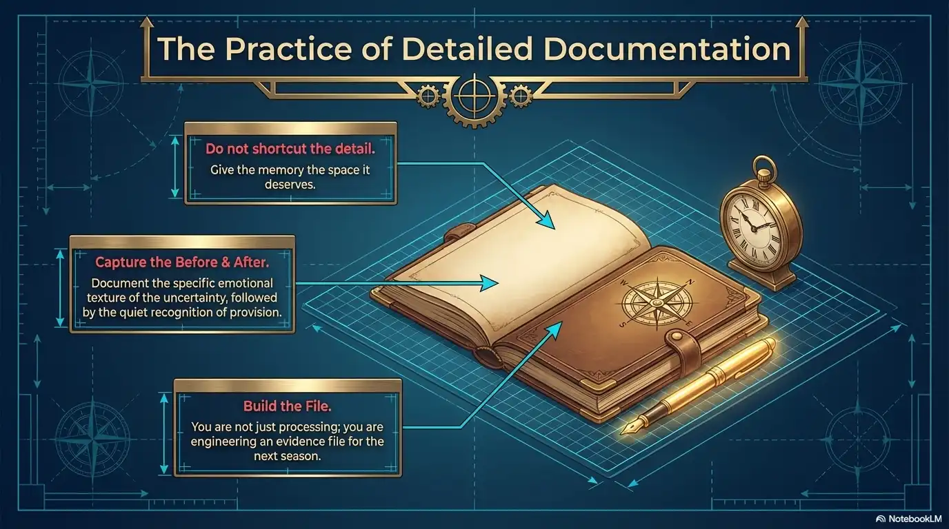 Motivational faith graphic about the practice of detailed documentation, showing how to capture memory with clarity and care.