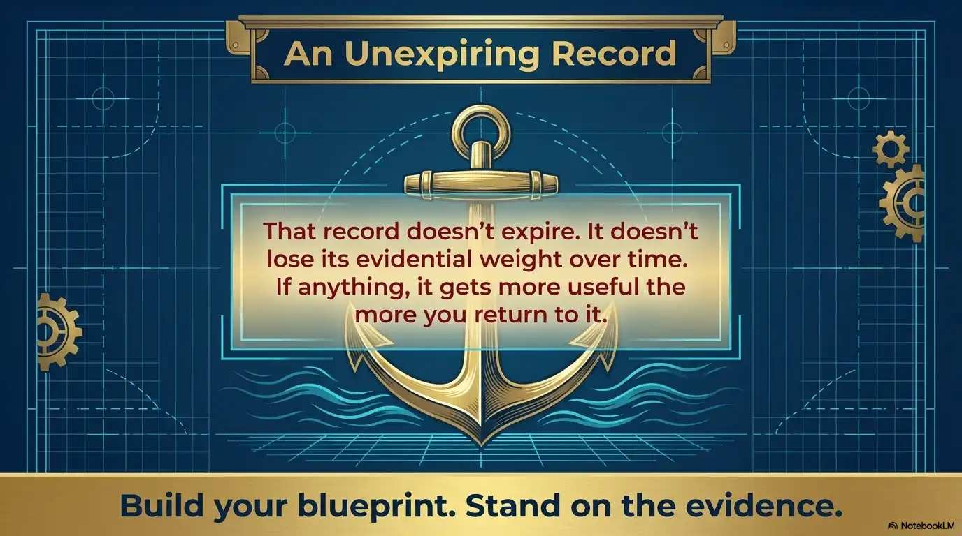 Motivational faith graphic about an unexpiring record that grows in evidential weight over time.