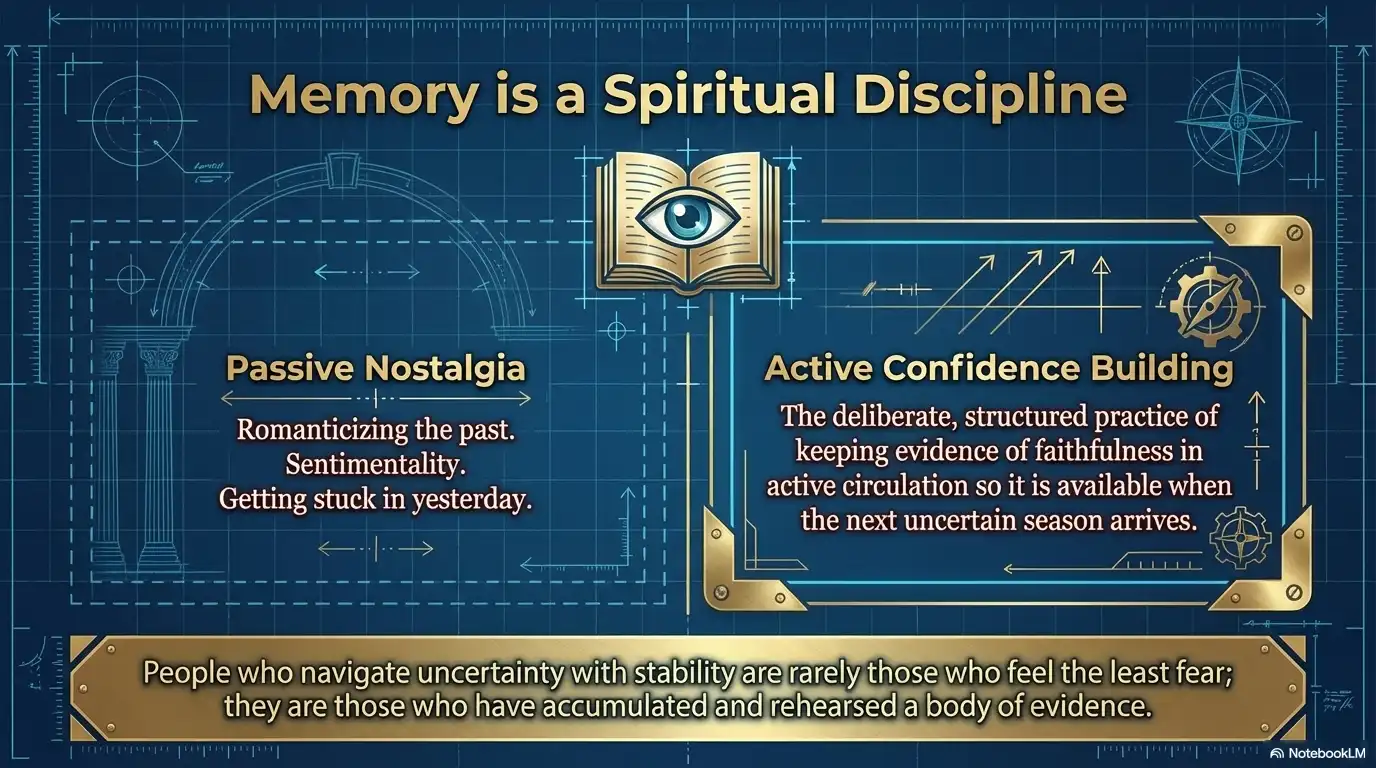 Motivational faith graphic about memory as a spiritual discipline, contrasting passive nostalgia with active confidence building.