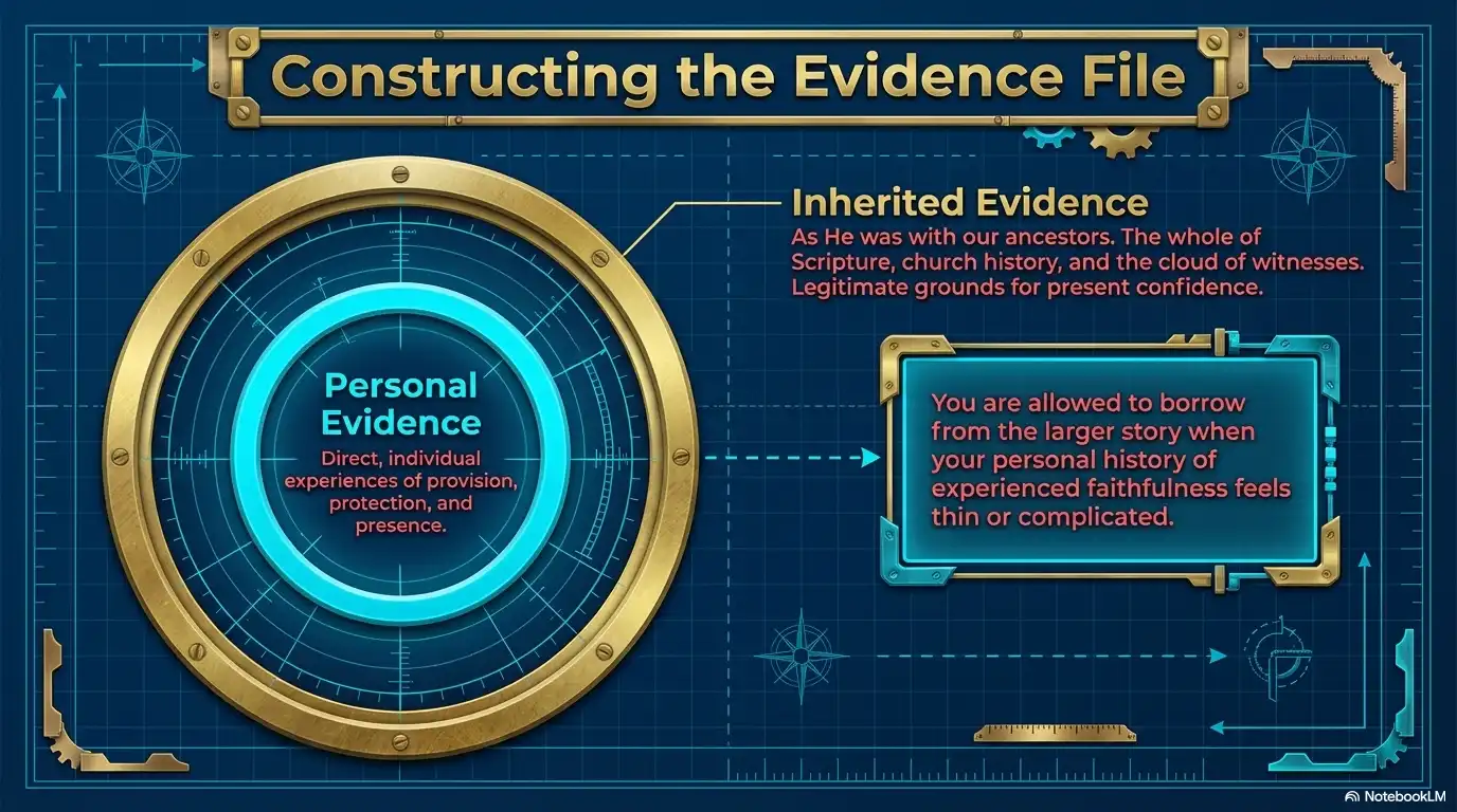 Motivational faith graphic about constructing an evidence file from personal and inherited evidence of faithfulness.