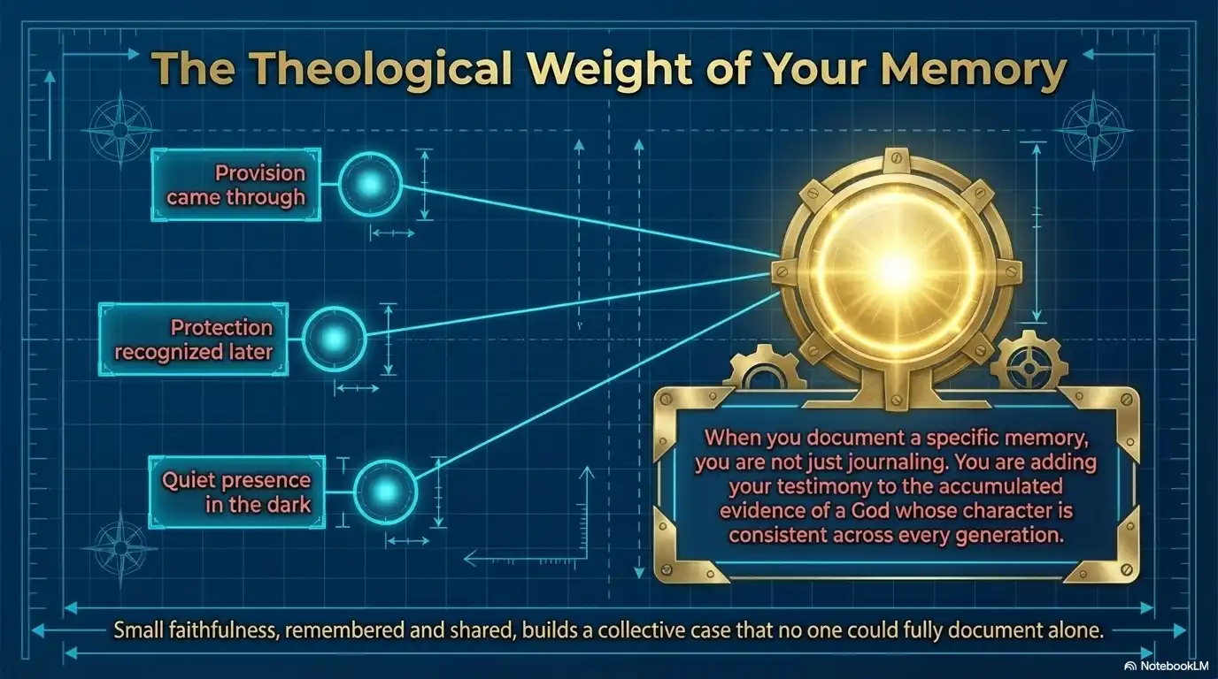 Motivational faith graphic about the theological weight of memory, showing provision, protection, and quiet presence as evidence of God’s character.