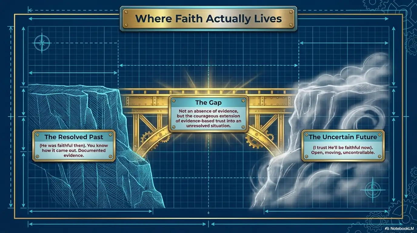 Motivational faith graphic about where faith actually lives, bridging the resolved past, the gap, and the uncertain future.