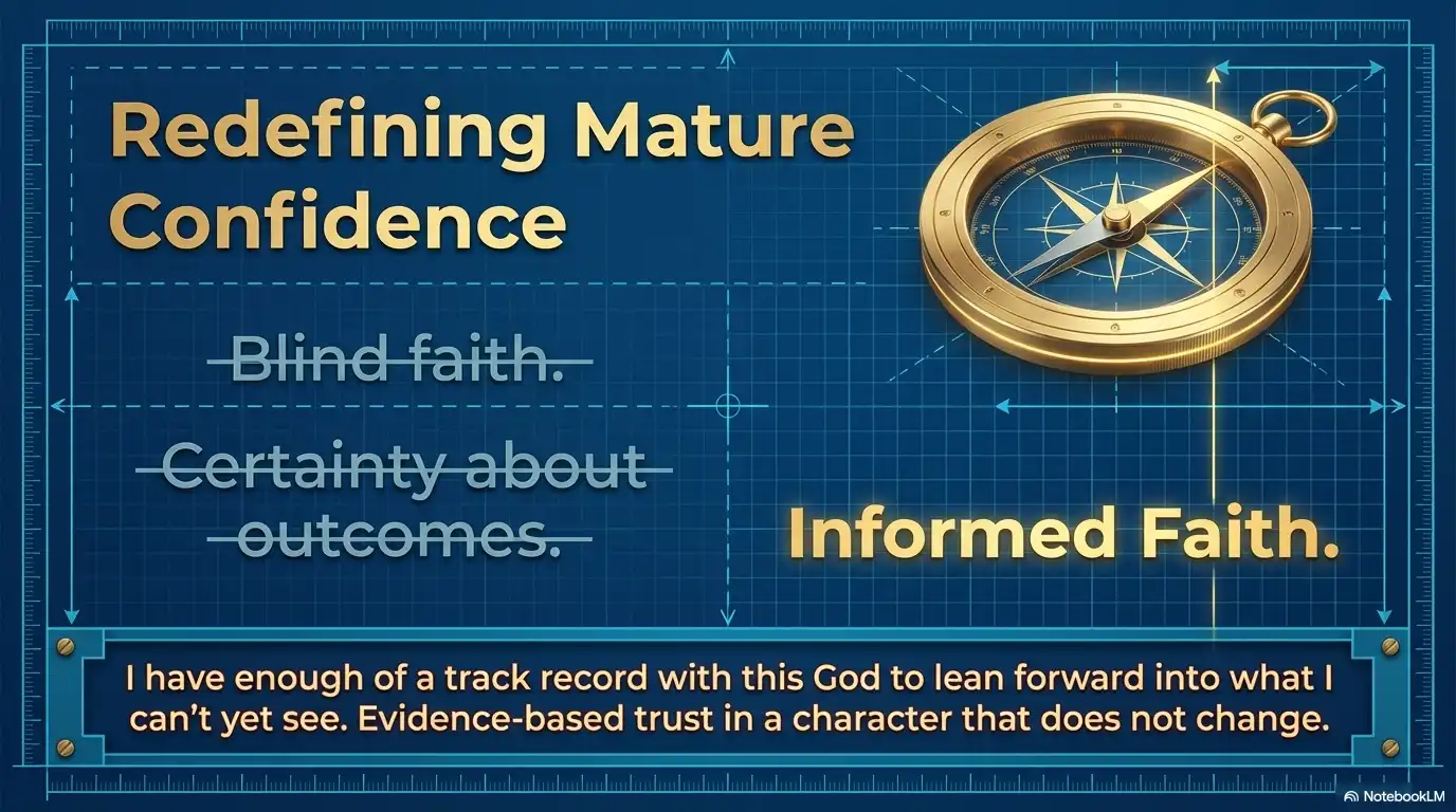 Motivational faith graphic about redefining mature confidence through informed faith and evidence-based trust.