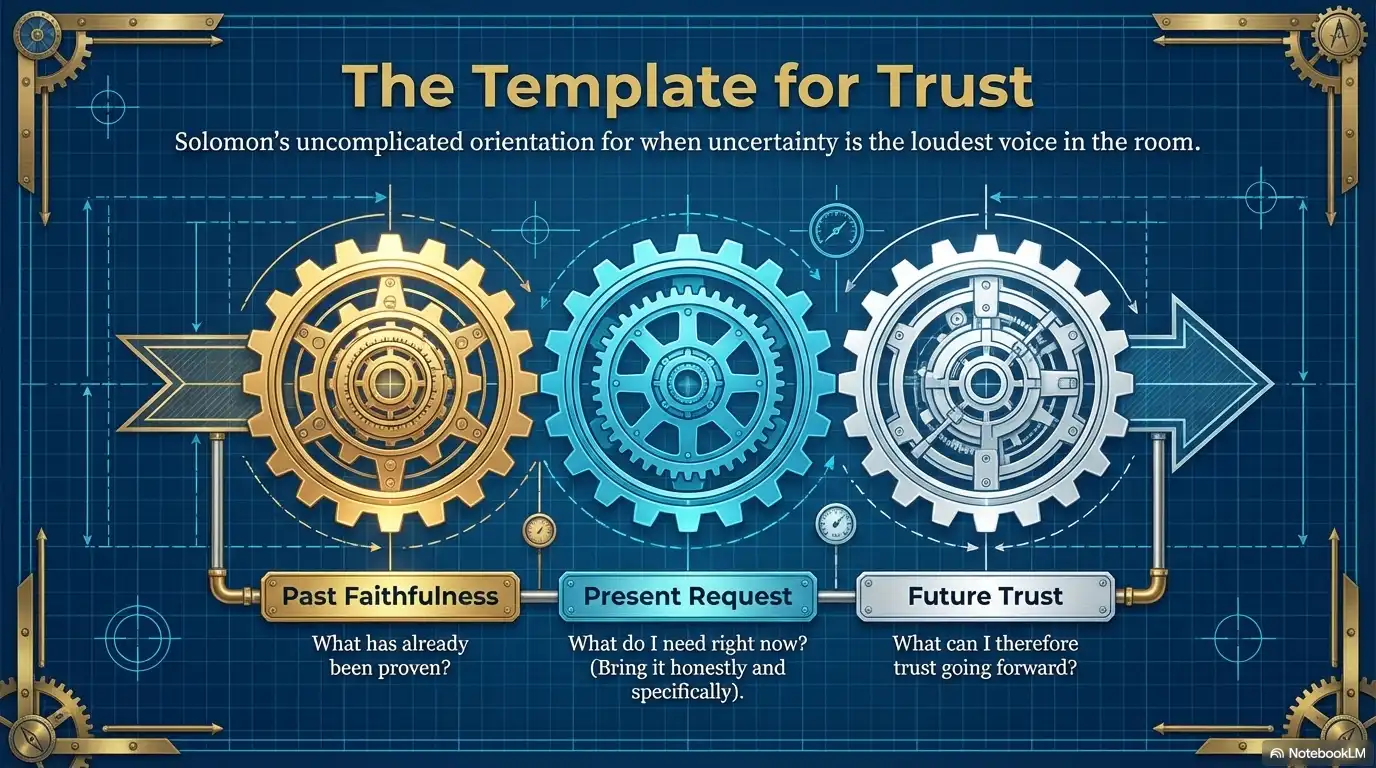 Motivational faith graphic about a template for trust, showing past faithfulness, present request, and future trust.