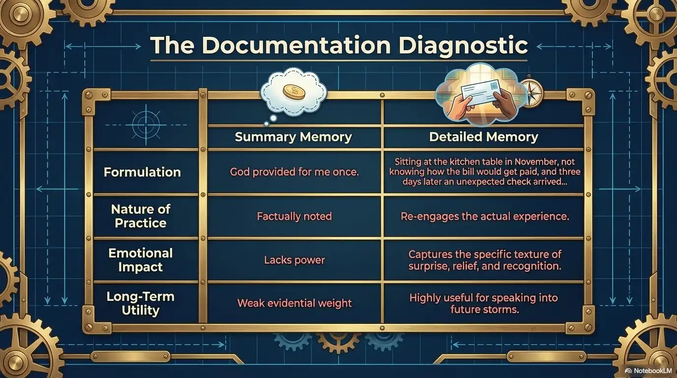 Motivational faith graphic about the documentation diagnostic, comparing summary memory with detailed memory.