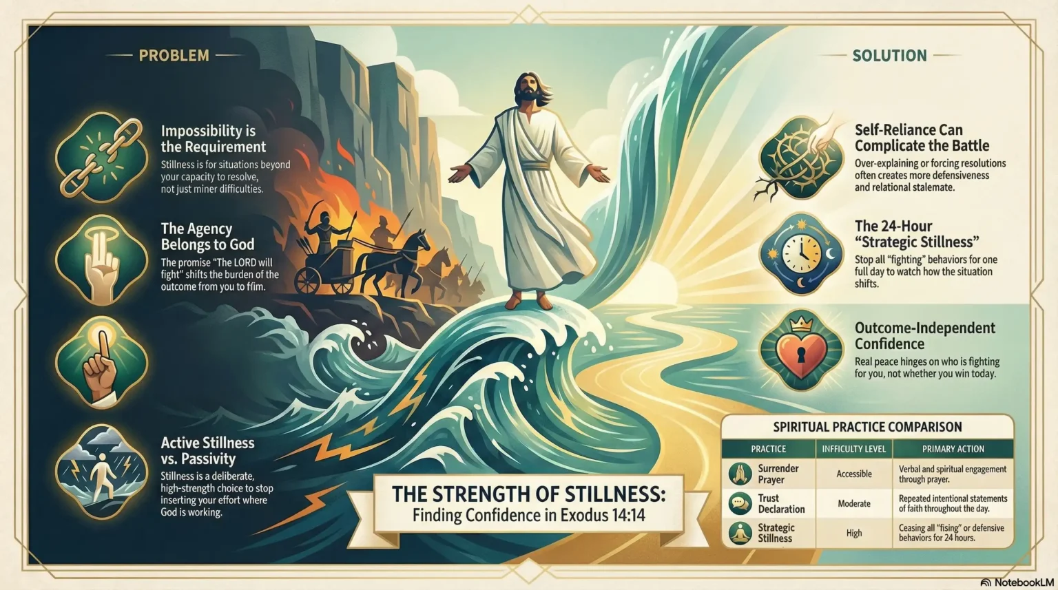 Motivational faith graphic about the strength of stillness, finding confidence in Exodus 14:14.