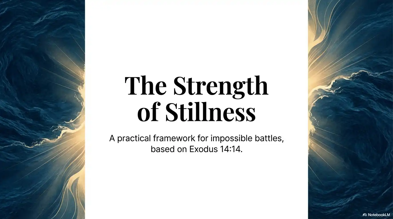 Motivational faith graphic about the strength of stillness, a practical framework for impossible battles.
