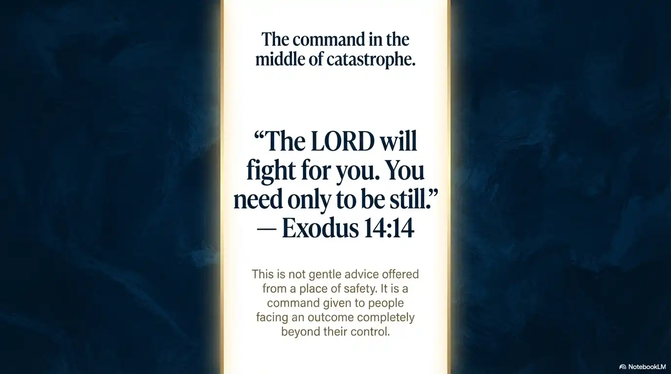 Motivational faith graphic about the command in the middle of catastrophe, based on Exodus 14:14.