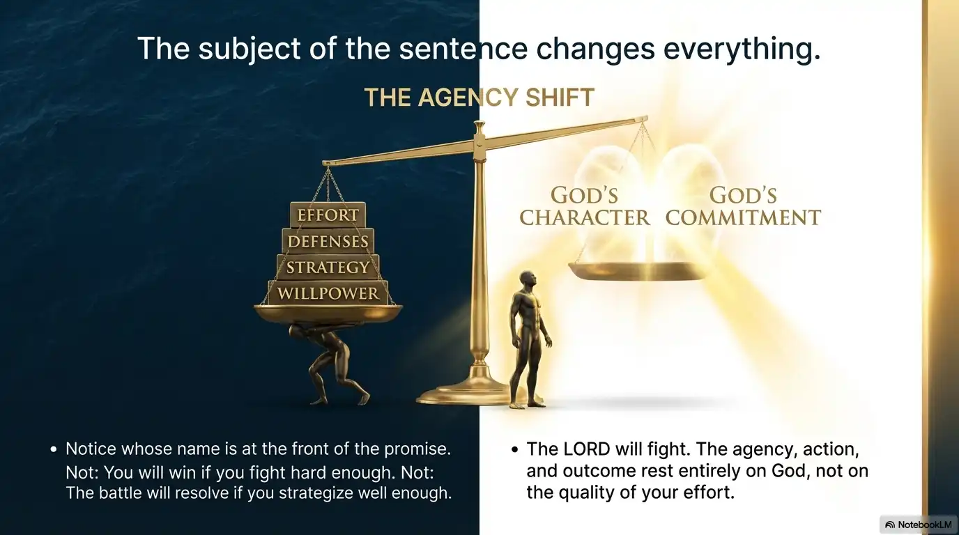 Motivational faith graphic about the agency shift, showing how the subject of the sentence changes everything.