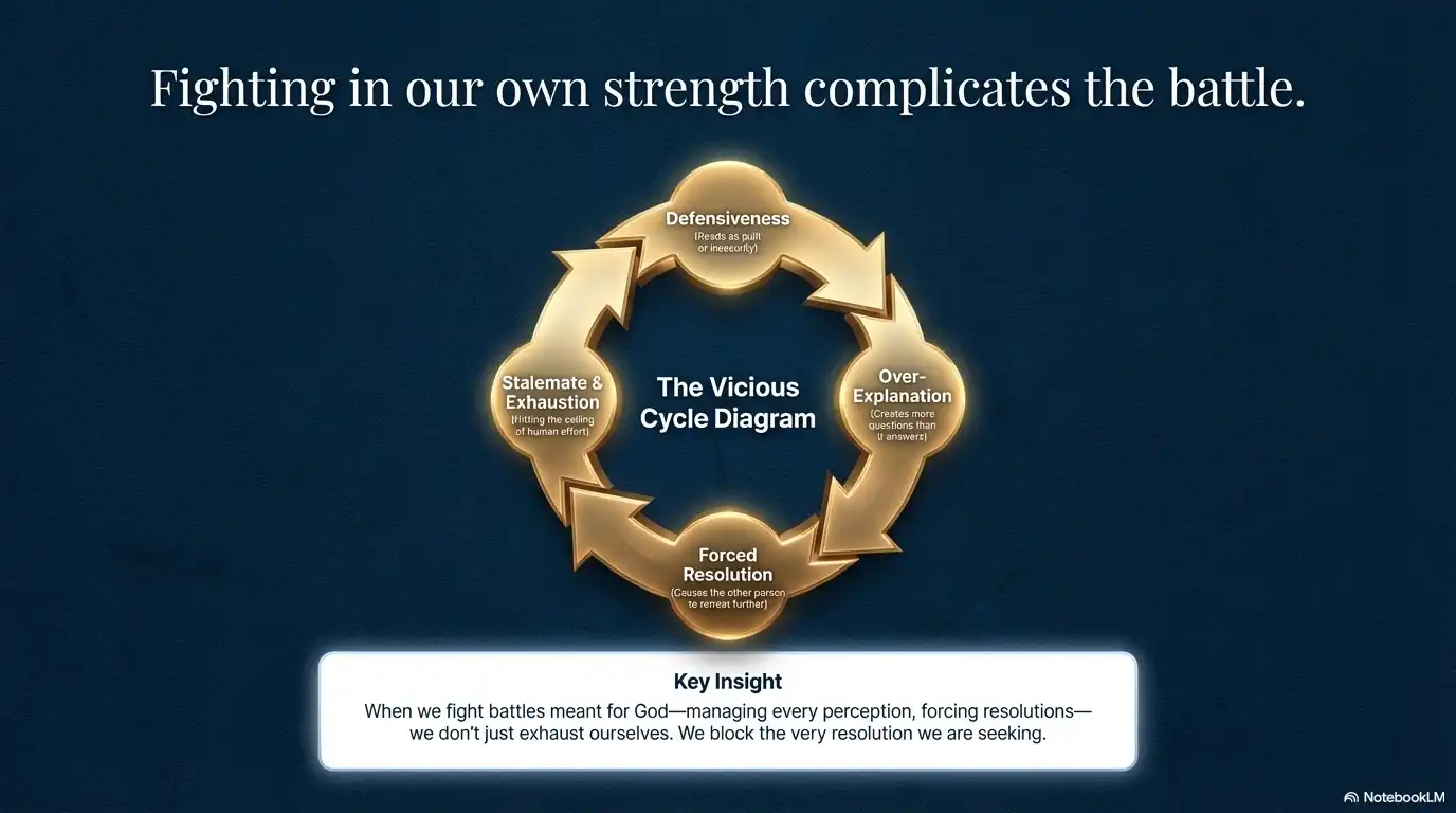 Motivational faith graphic about how fighting in our own strength complicates the battle.