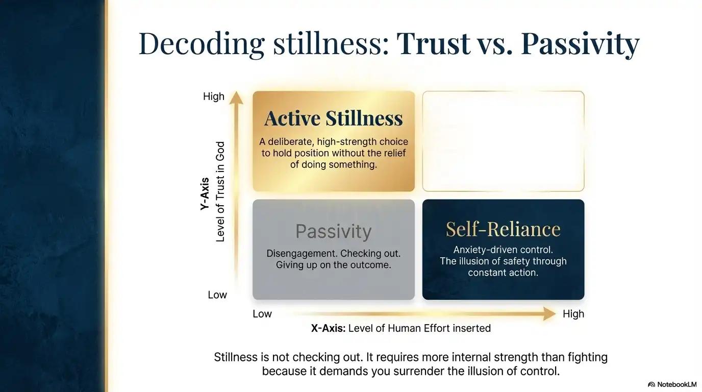Motivational faith graphic about decoding stillness, comparing trust, passivity, and self-reliance.