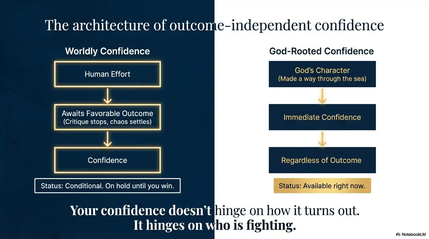 Motivational faith graphic about outcome-independent confidence rooted in God's character rather than human effort.