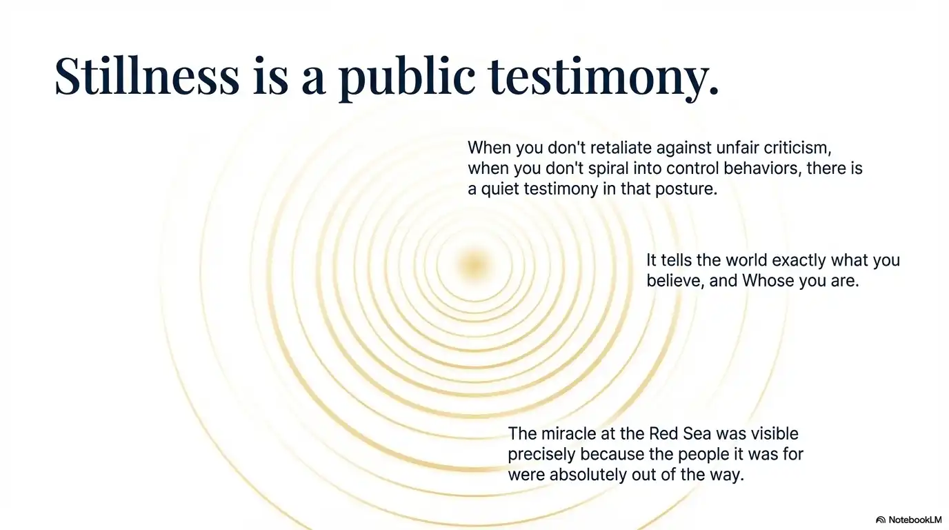 Motivational faith graphic about stillness as a public testimony of trust, restraint, and identity.