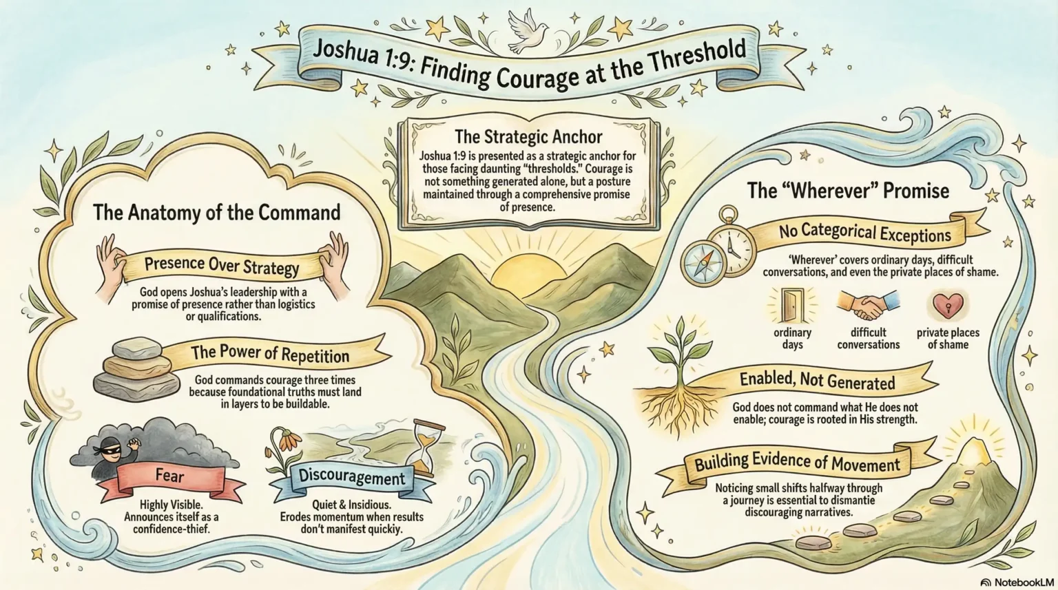 Inspirational faith infographic about Joshua 1:9, courage at the threshold, and God’s presence over strategy.