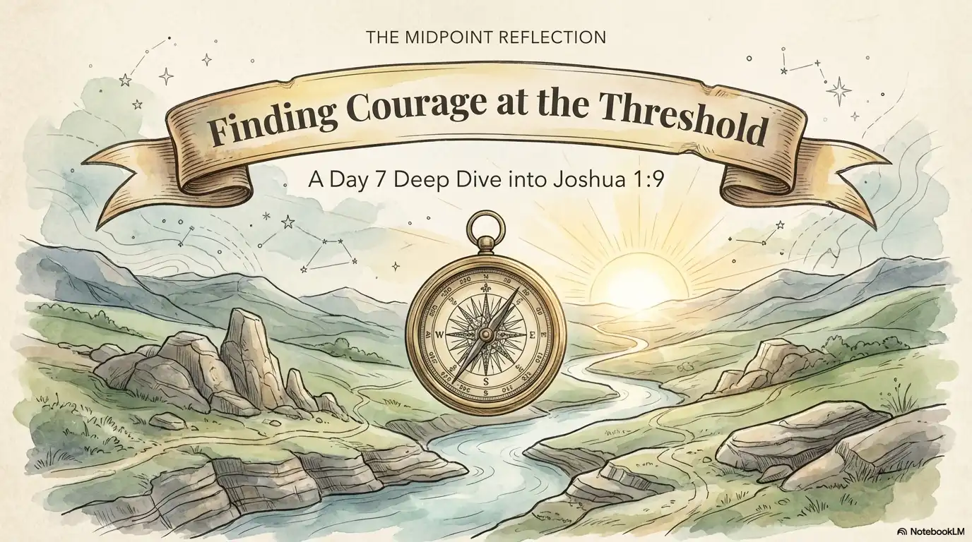 Inspirational faith graphic about finding courage at the threshold with a deep dive into Joshua 1:9.