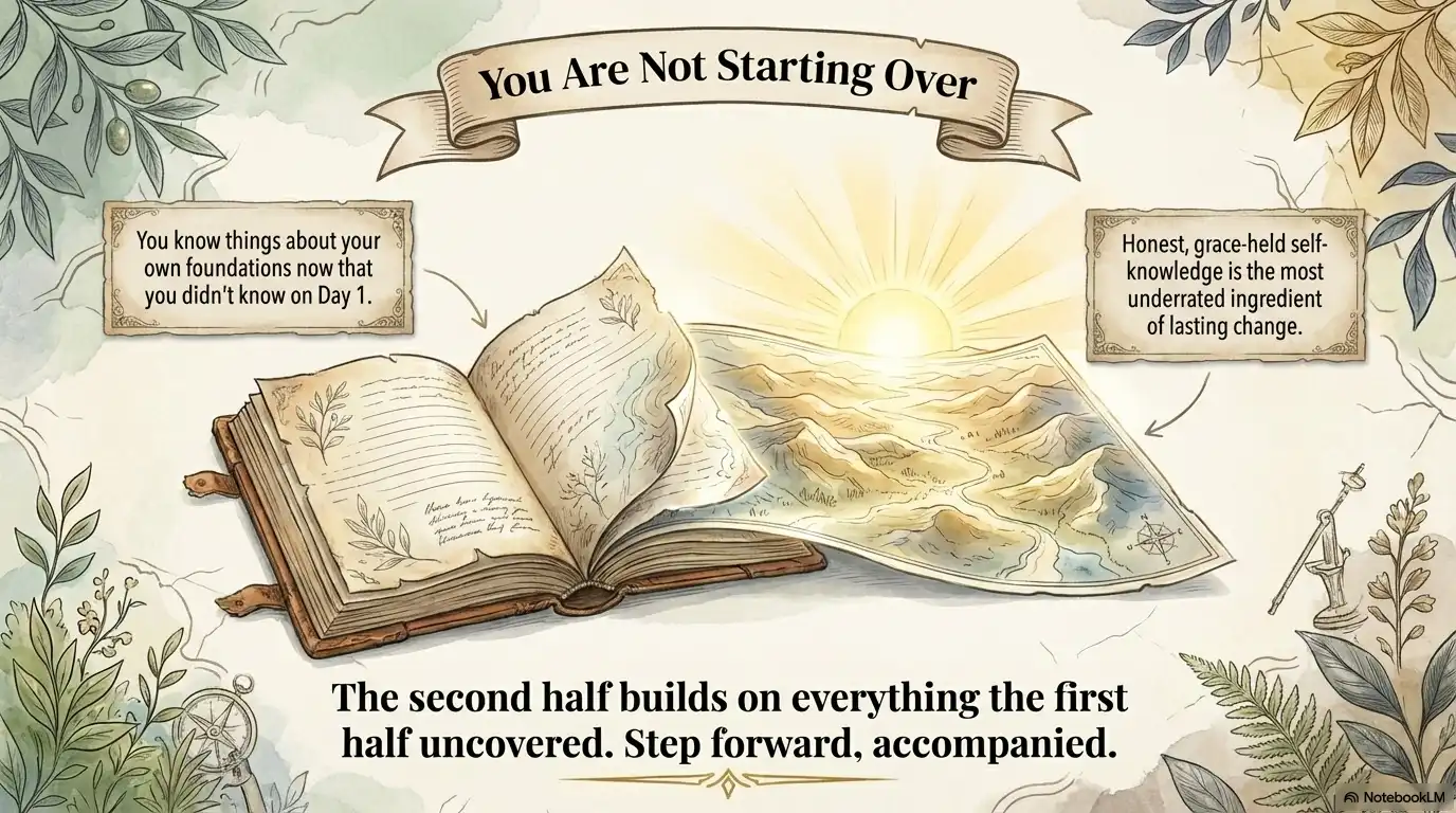 Motivational faith graphic about not starting over, building on progress, and grace-held self-knowledge.