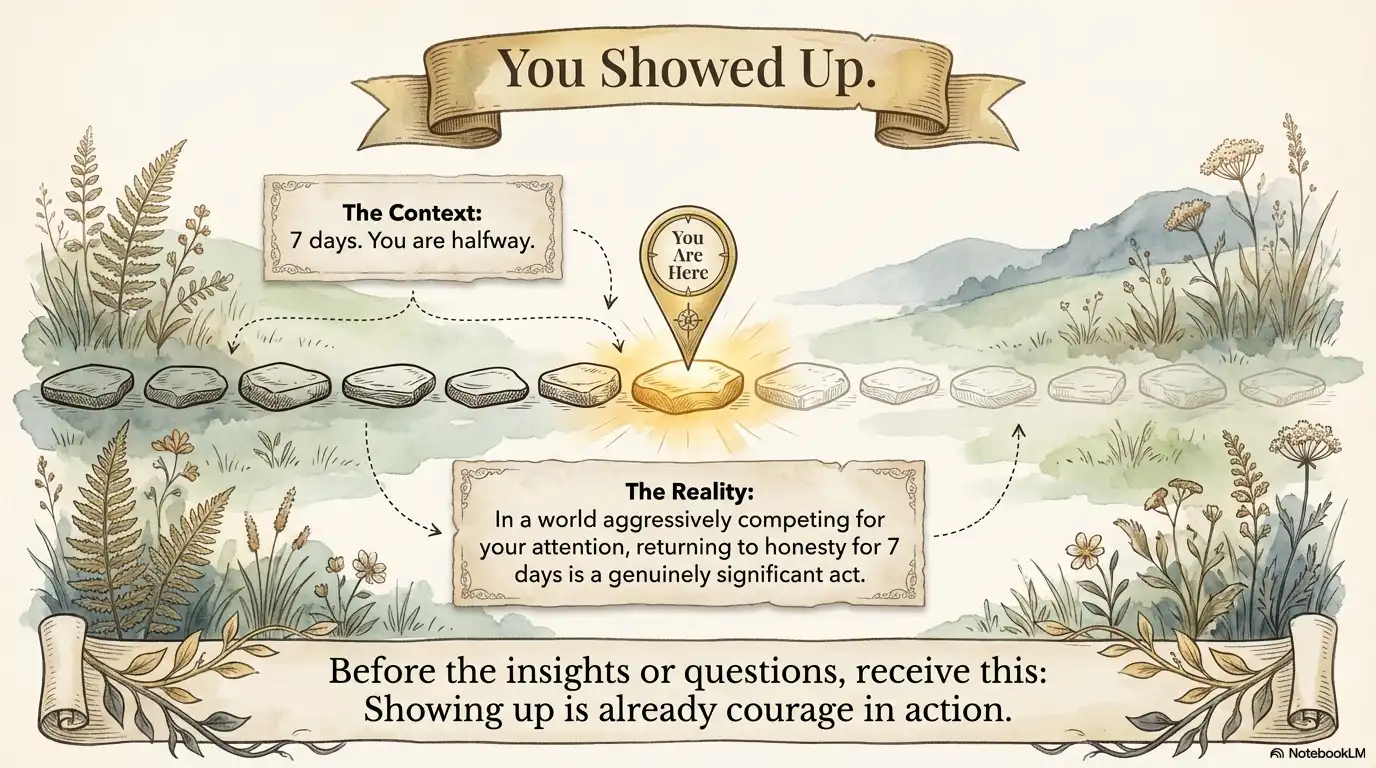 Motivational faith graphic celebrating showing up, halfway progress, and courage in action.