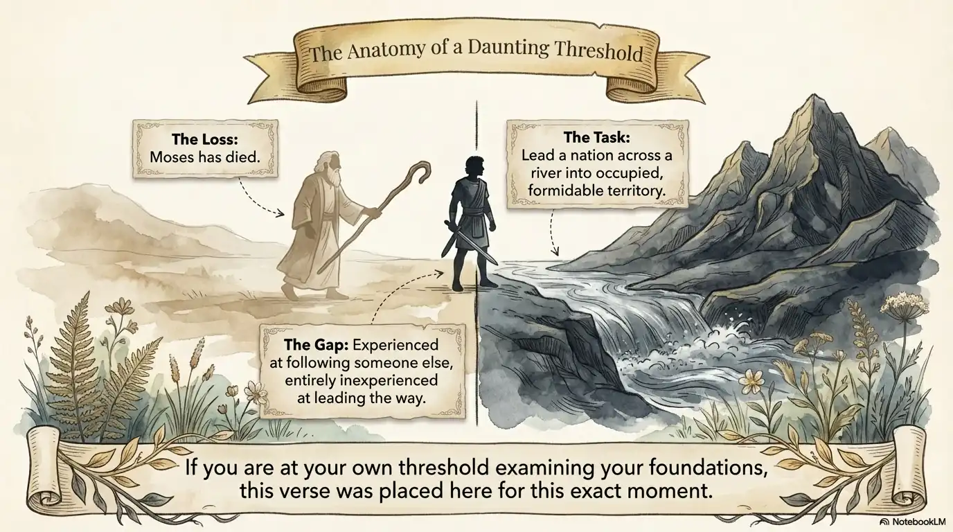 Motivational faith graphic about facing a daunting threshold, loss, and the gap between roles and leadership.