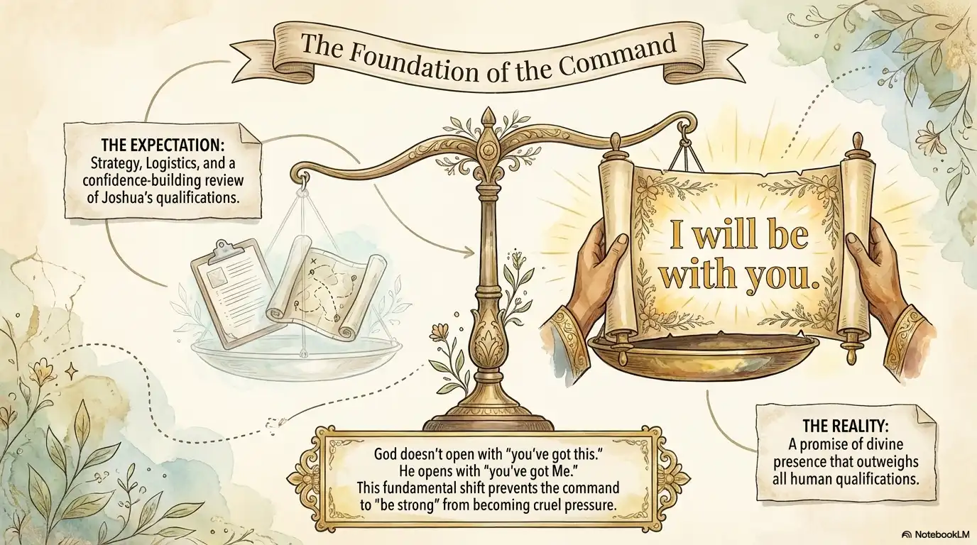 Motivational faith graphic about the foundation of the command, divine presence, and strength over human qualifications.