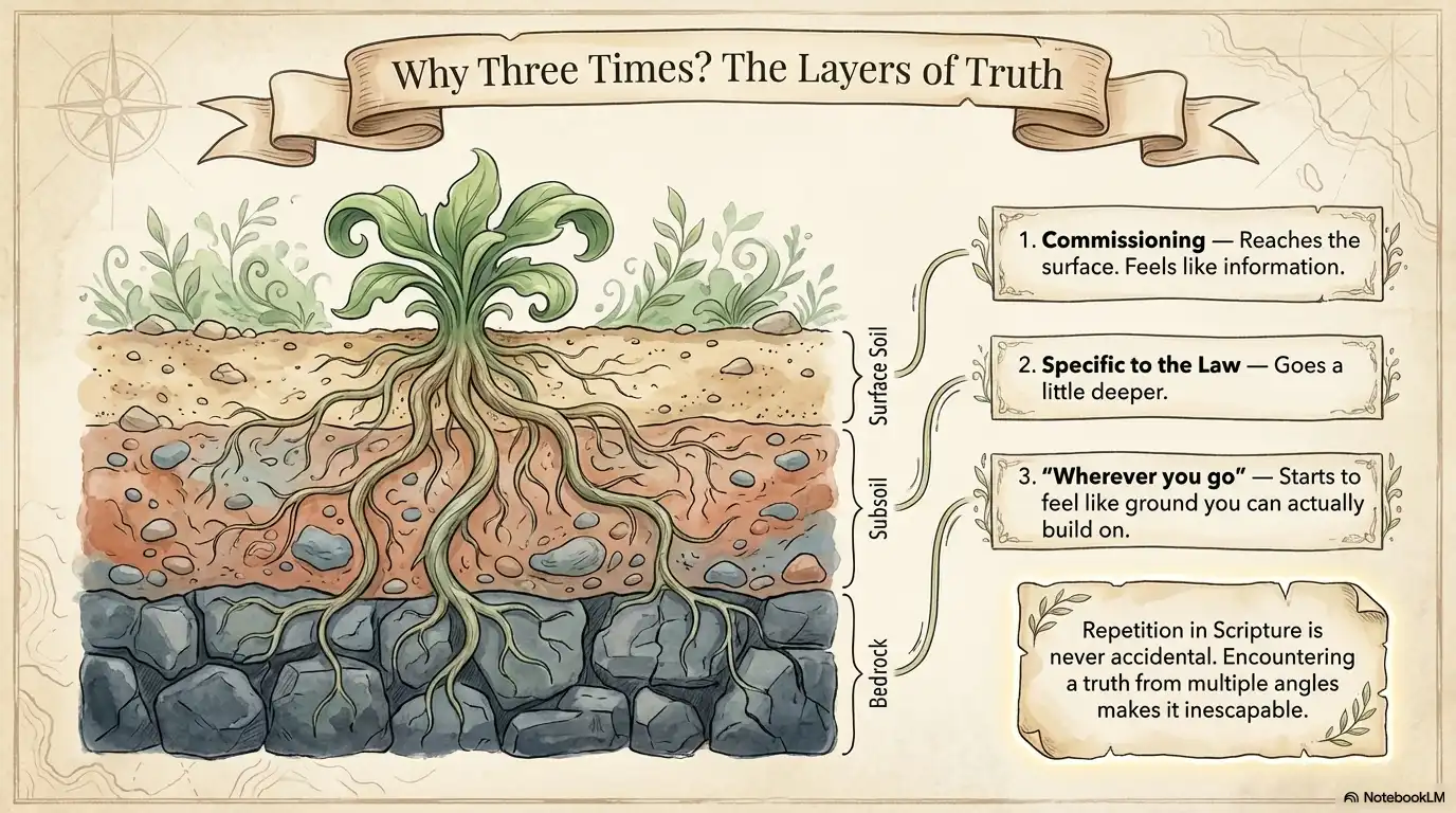 Motivational faith graphic explaining why a truth is repeated three times, with layers of soil, roots, and bedrock.