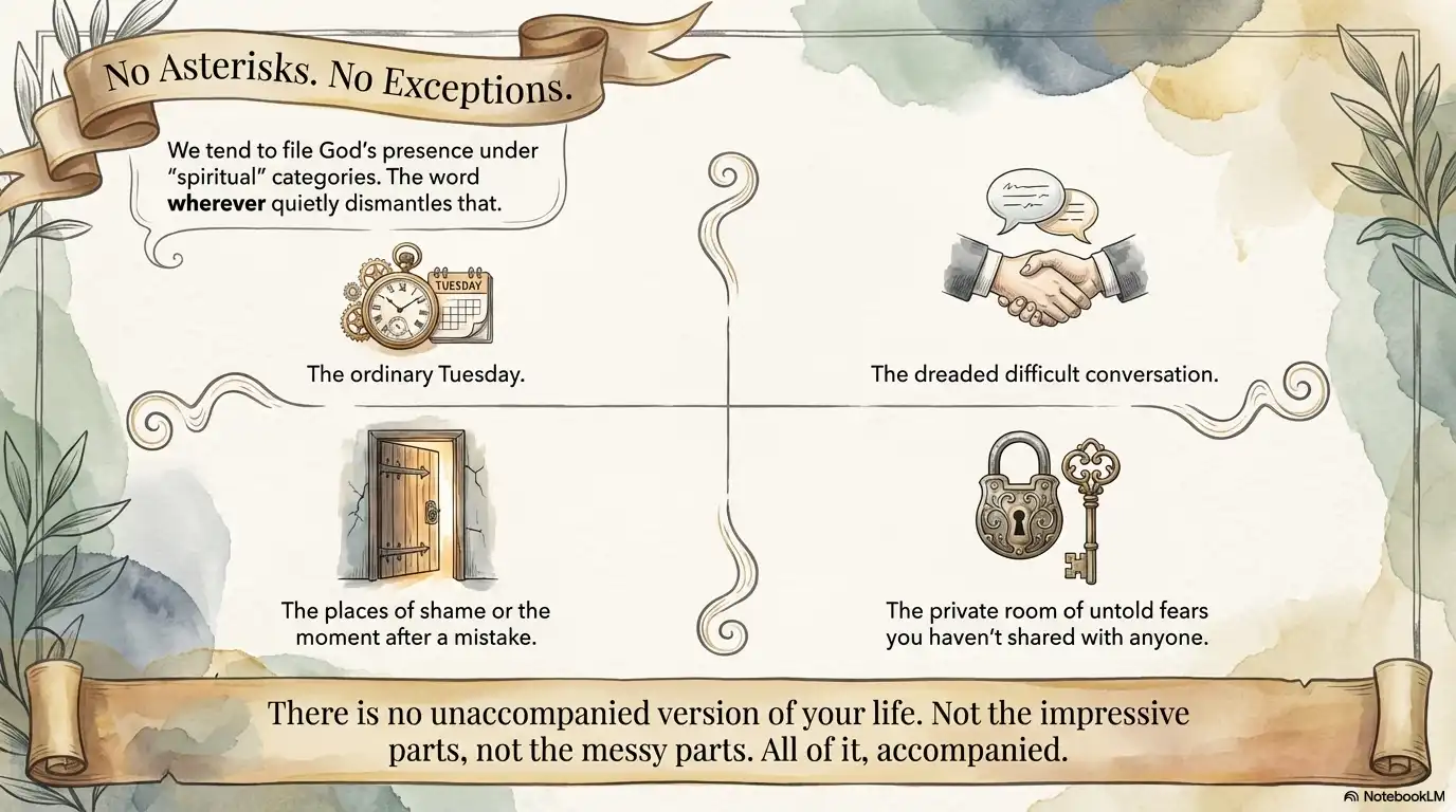 Motivational faith graphic about God’s presence with no exceptions across ordinary days, difficult conversations, and private fears.