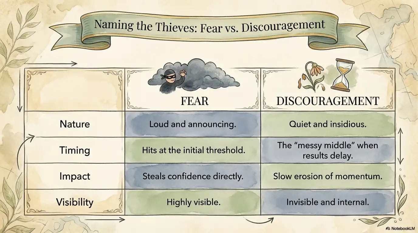Motivational faith graphic comparing fear and discouragement, highlighting their different timing, impact, and visibility.