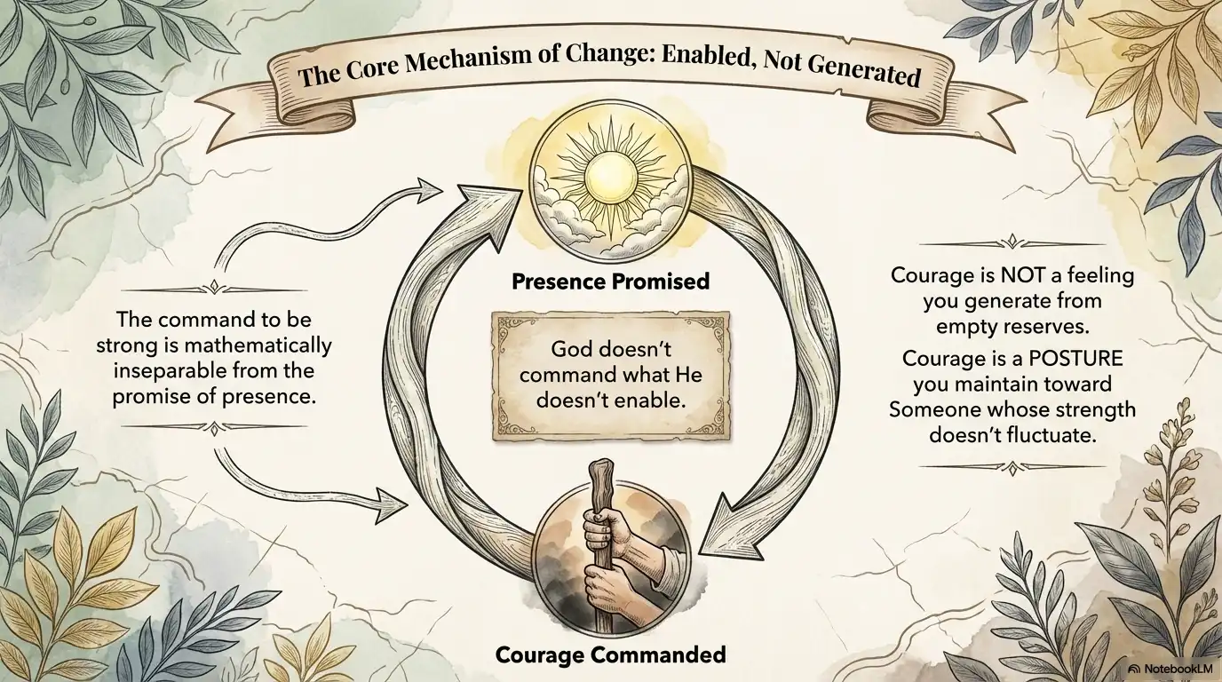 Motivational faith graphic about the core mechanism of change, showing that courage is enabled by presence rather than generated from empty reserves.