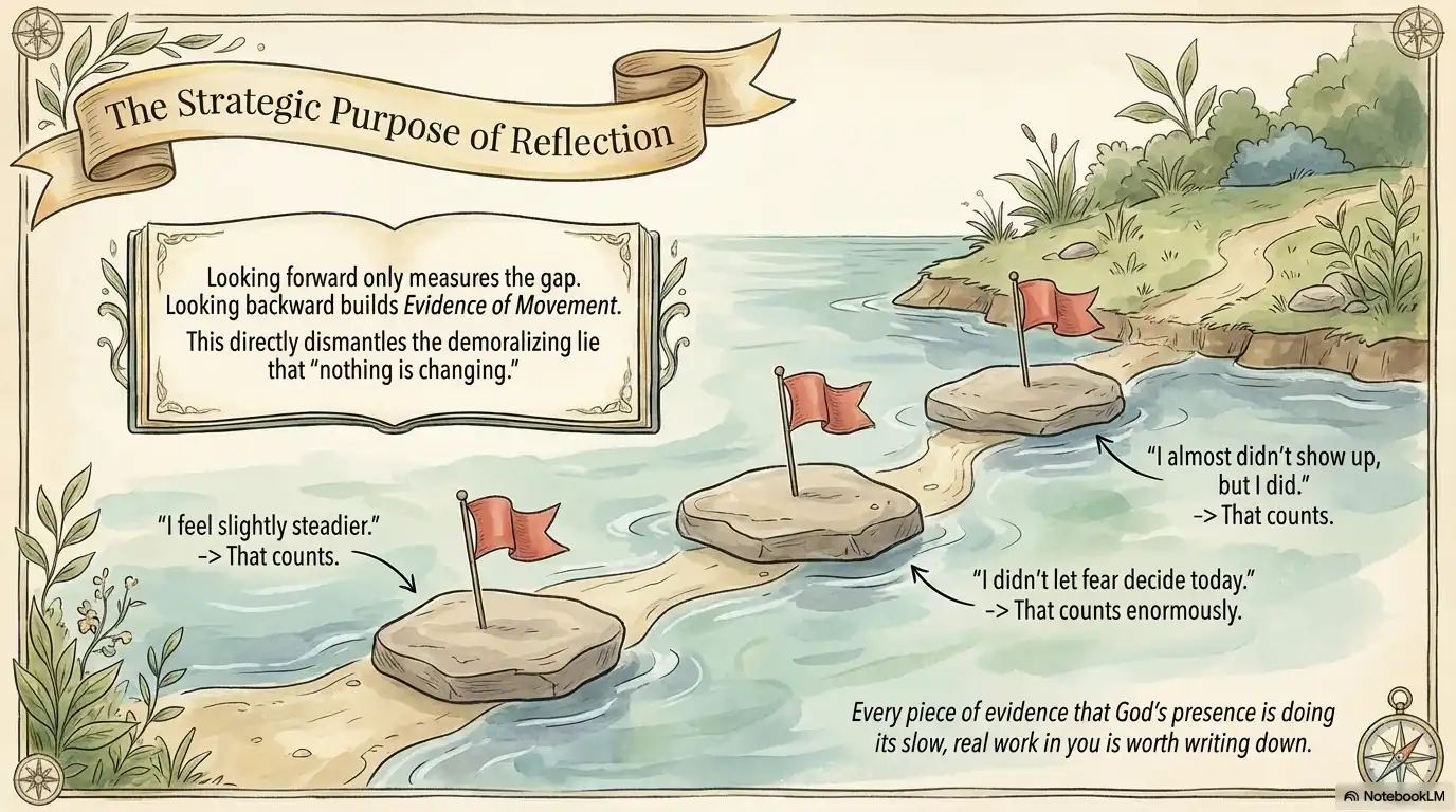 Motivational faith graphic about the strategic purpose of reflection, showing evidence of movement and small signs of progress.