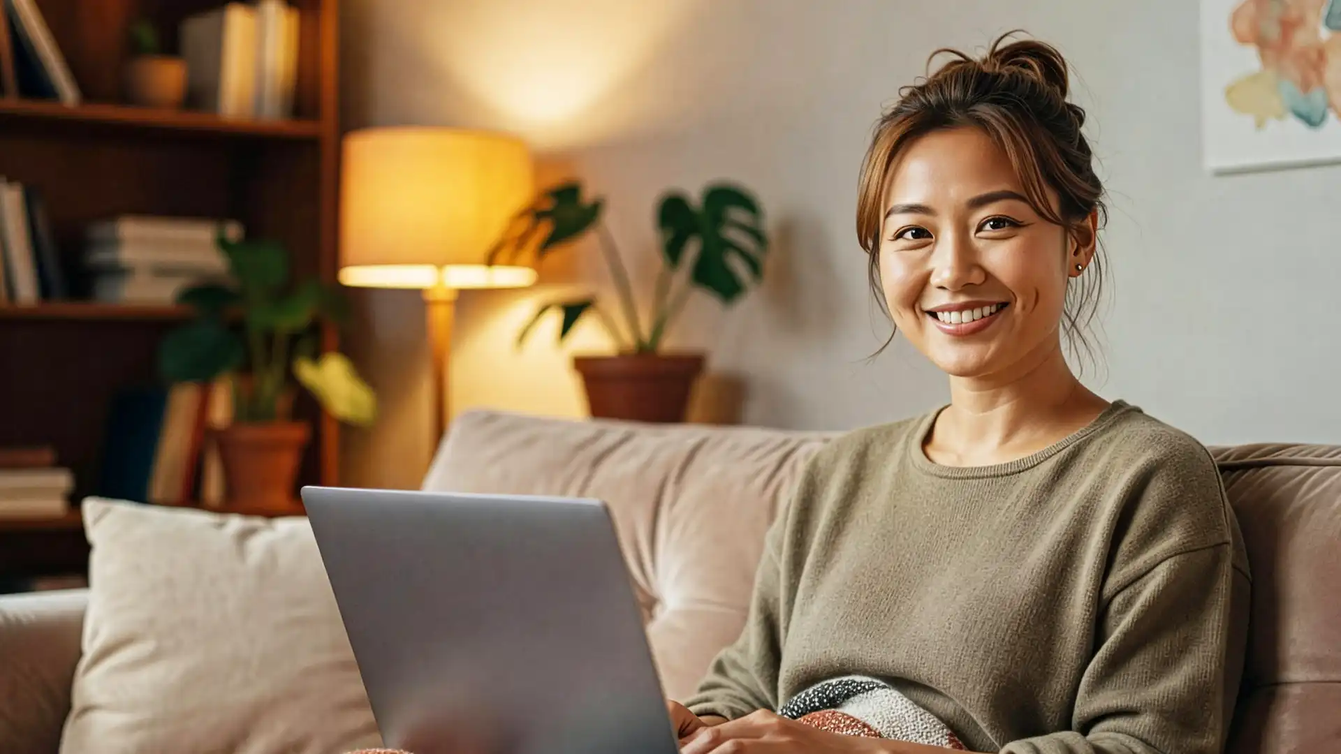 A focused Asian woman using her laptop to engage with nRecovery's self-guided personal development tools and resources for goal achievement.